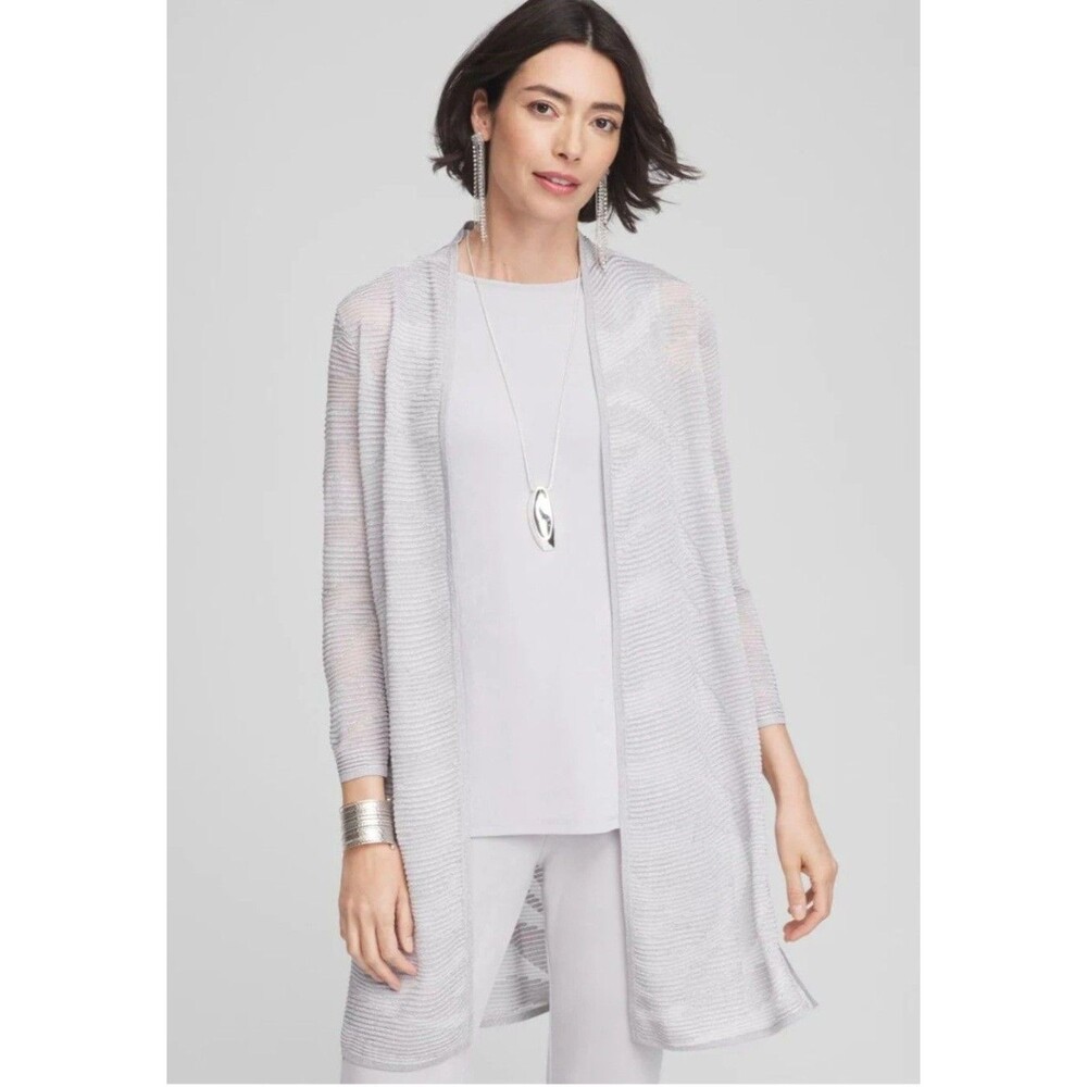 Ladies CHICO'S Silver Metallic Travelers Open Front Duster Cardigan Sz 1/M